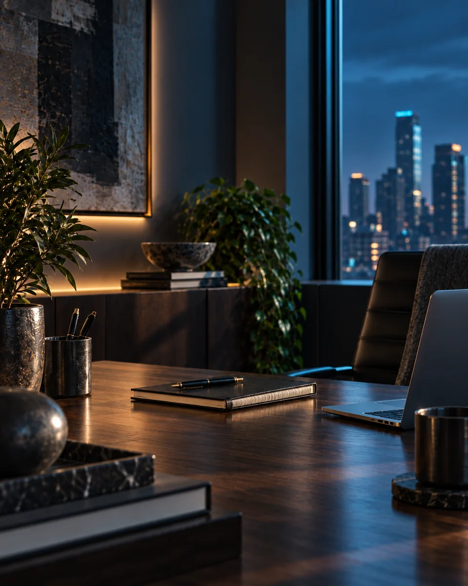 Quiet executive workspace with warm wood, plants, notebook and skyline at blue hour.