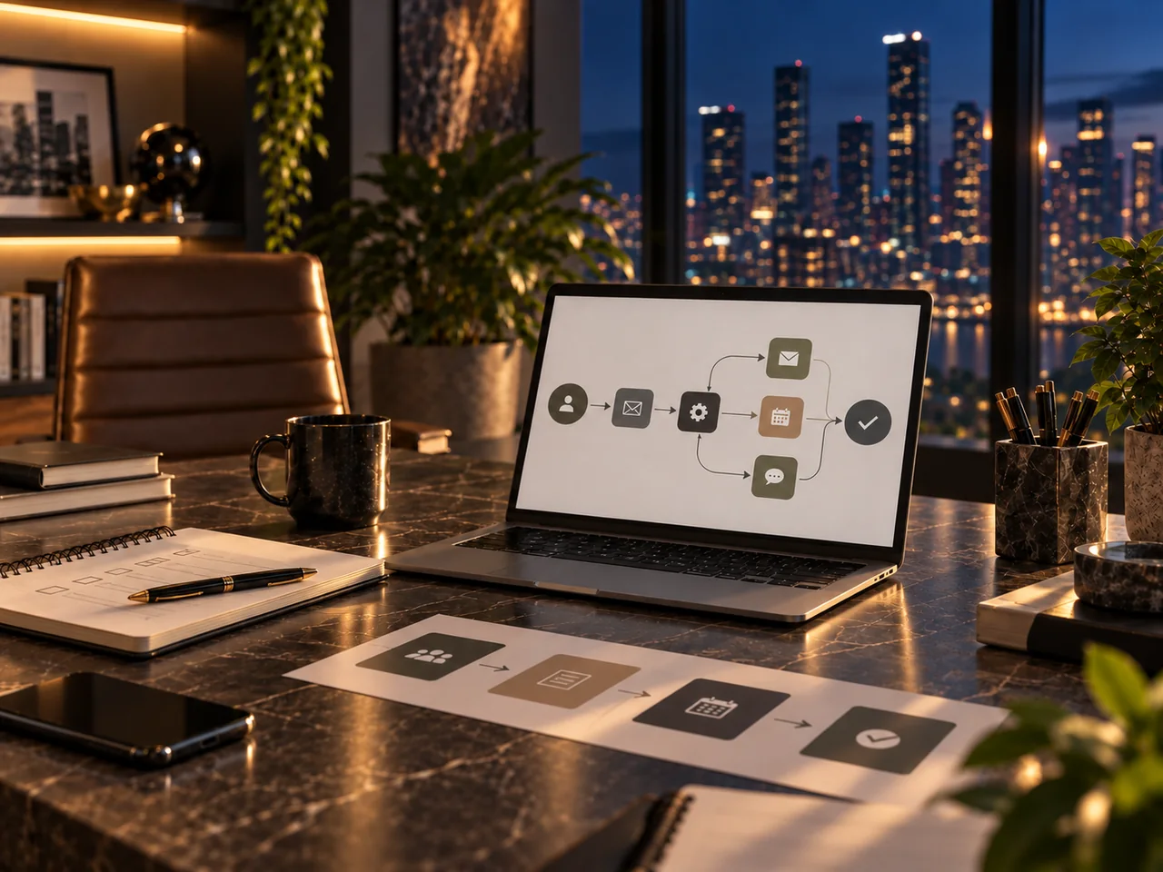 Premium service-business workspace with a laptop, notebook and client-planning materials.