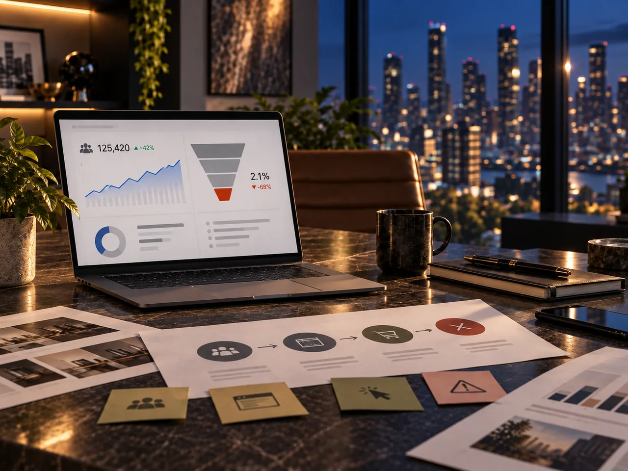 Strategic planning desk with visual references, notes and a connected system map.