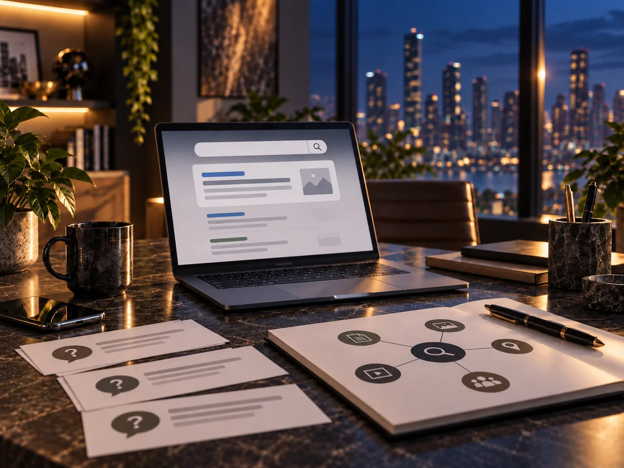 Editorial workspace representing search strategy, structured information and human judgment.