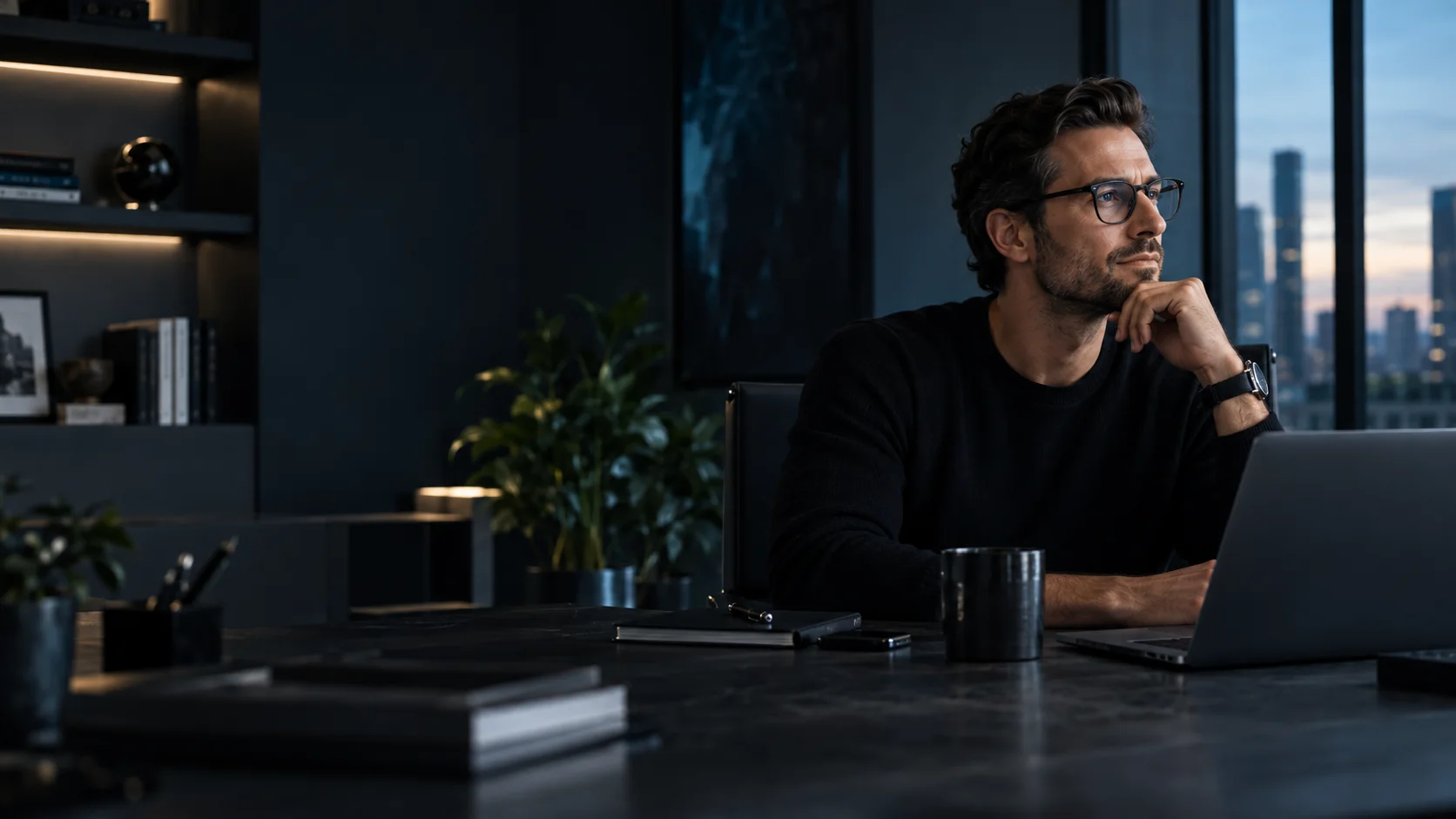 Thoughtful business leader in a modern office overlooking a city skyline.