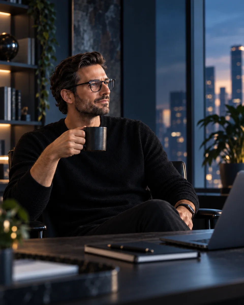 Business owner holding a coffee mug in a refined modern office with a city view.