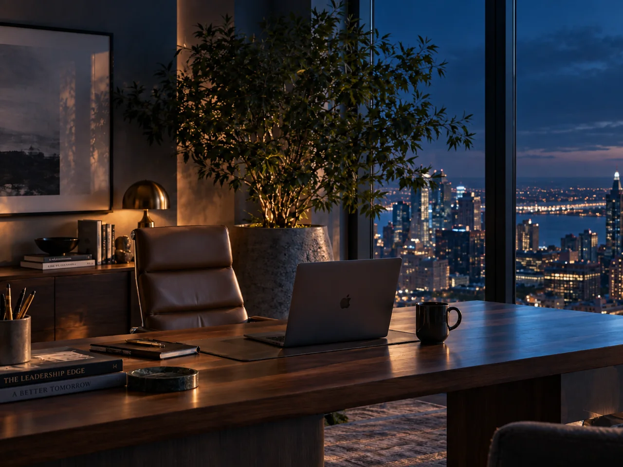 Refined executive workspace with a large indoor tree, laptop and city skyline at blue hour.