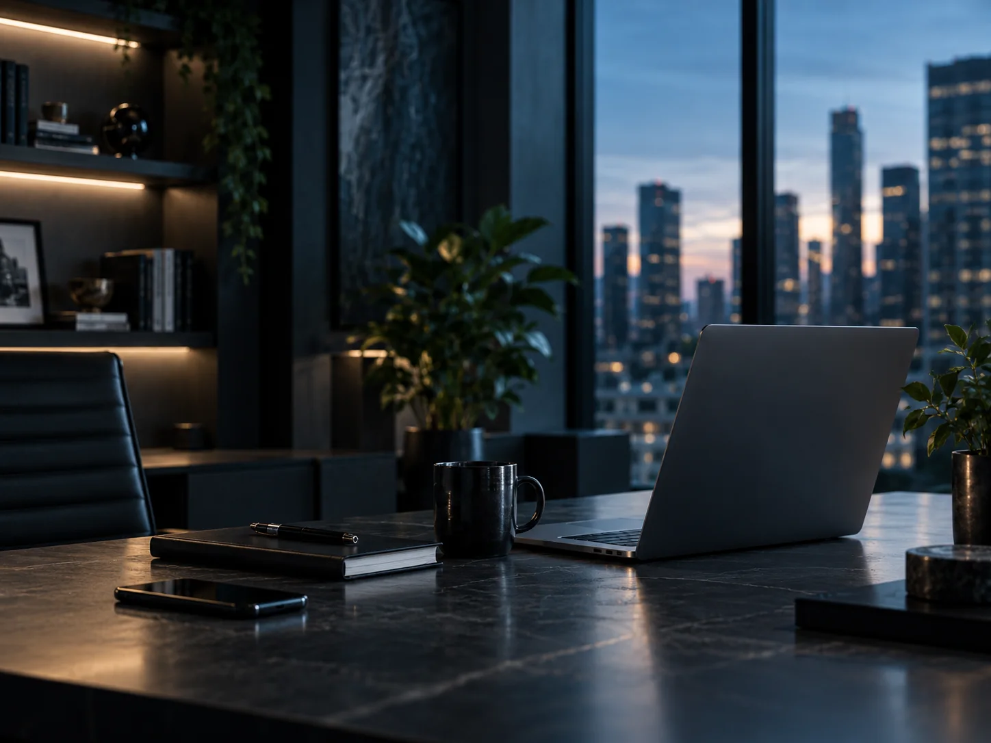 Editorial workspace with laptop, notebook and city view